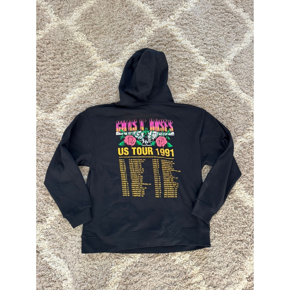 Guns N Roses US Tour 1991 Skull Roses Black Pullover Hoodie Size L - Picture 4 of 5